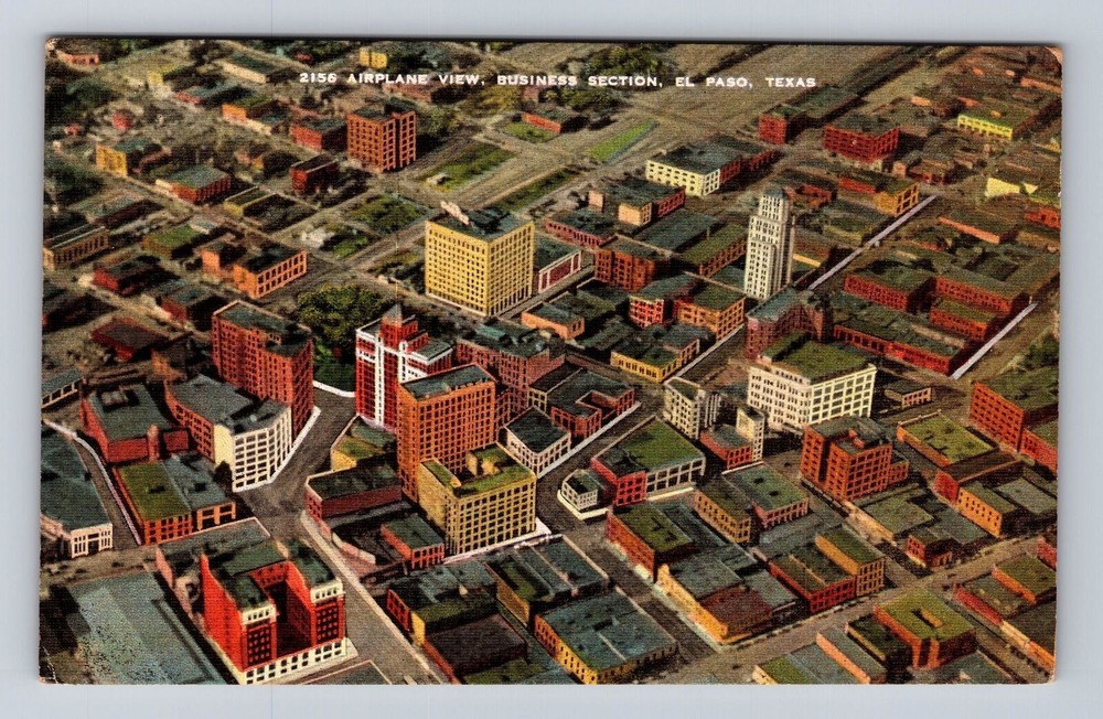 El Paso TX-Texas, Aerial View Business Section, Antique Vintage Postcard
