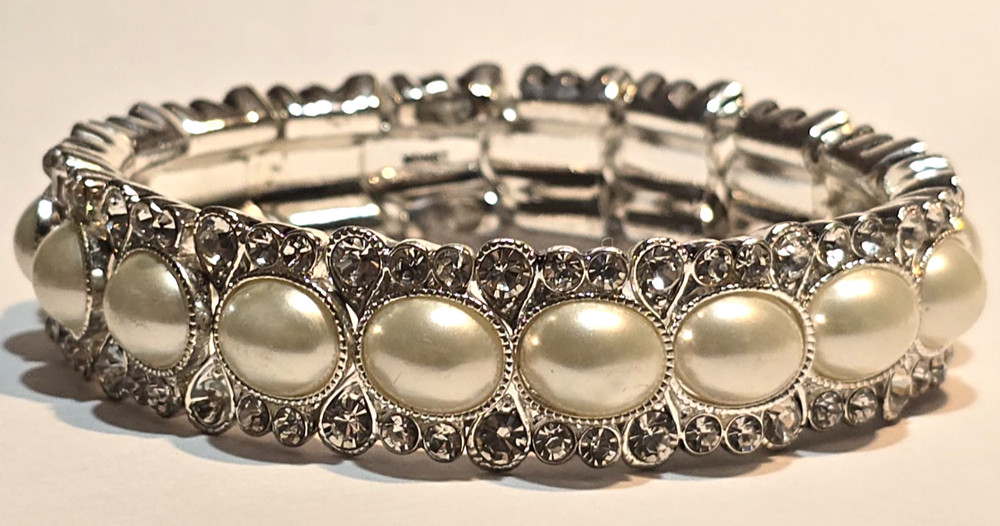 Monet Silver Tone Rhinestone Faux Pearl Stretch Bracelet