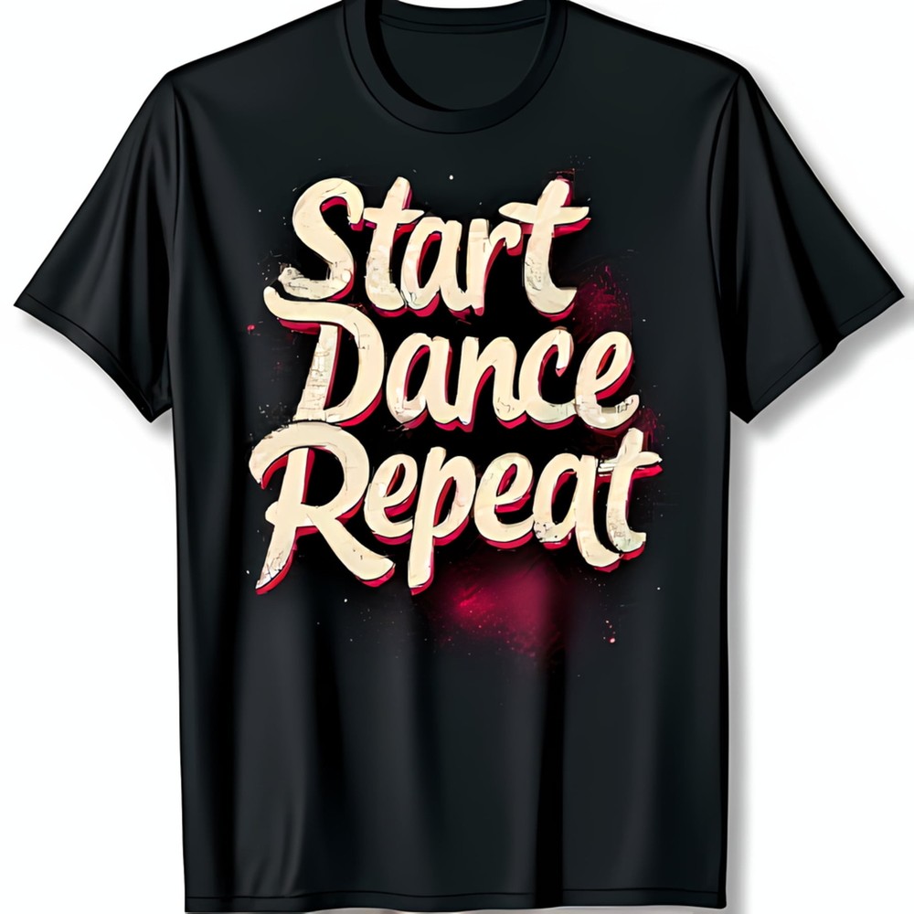 Stylish Black T-Shirt with Start Dance Repeat Graphic Red & White Design with