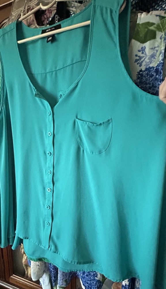 Style & Co.  Women's Light Sleeveless Button Front Top w/Pocket Turquoise SZ XL