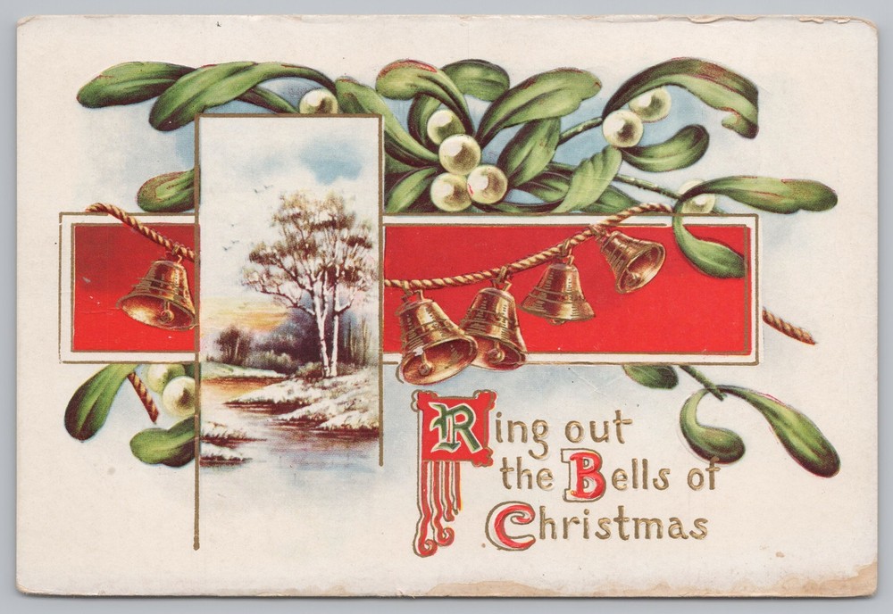 Holiday~Christmas~Golden Bells~River View~Mistletoe~Vintage Postcard