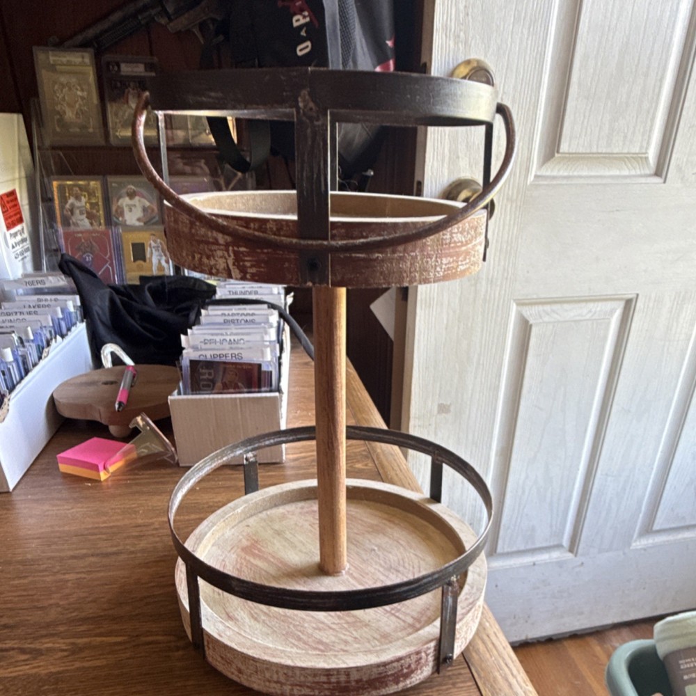 Old Saturday Co. 2-Tier Round Wood Metal Farmhouse Serving Tray Handles