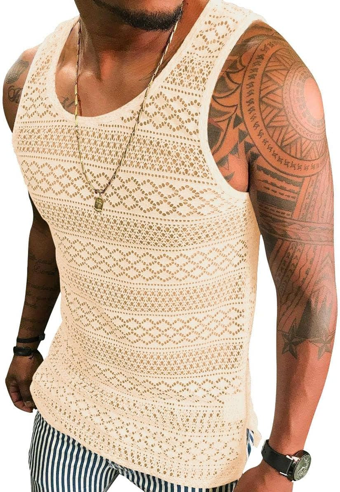 Syktkmx Mens See through Vest Crewneck Sleeveless Tank Tops Muscle Sexy Mesh Shi