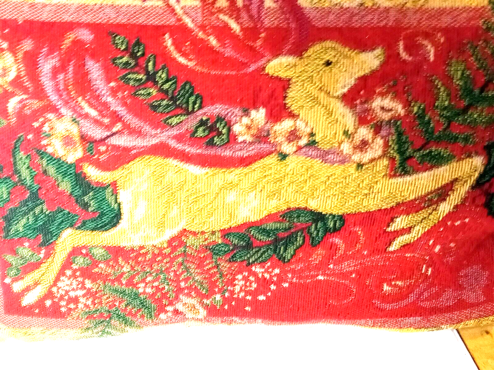 Pair VTG Rare 50's Ole World Art Christmas Red Accent Pillows Gold Brocade 17