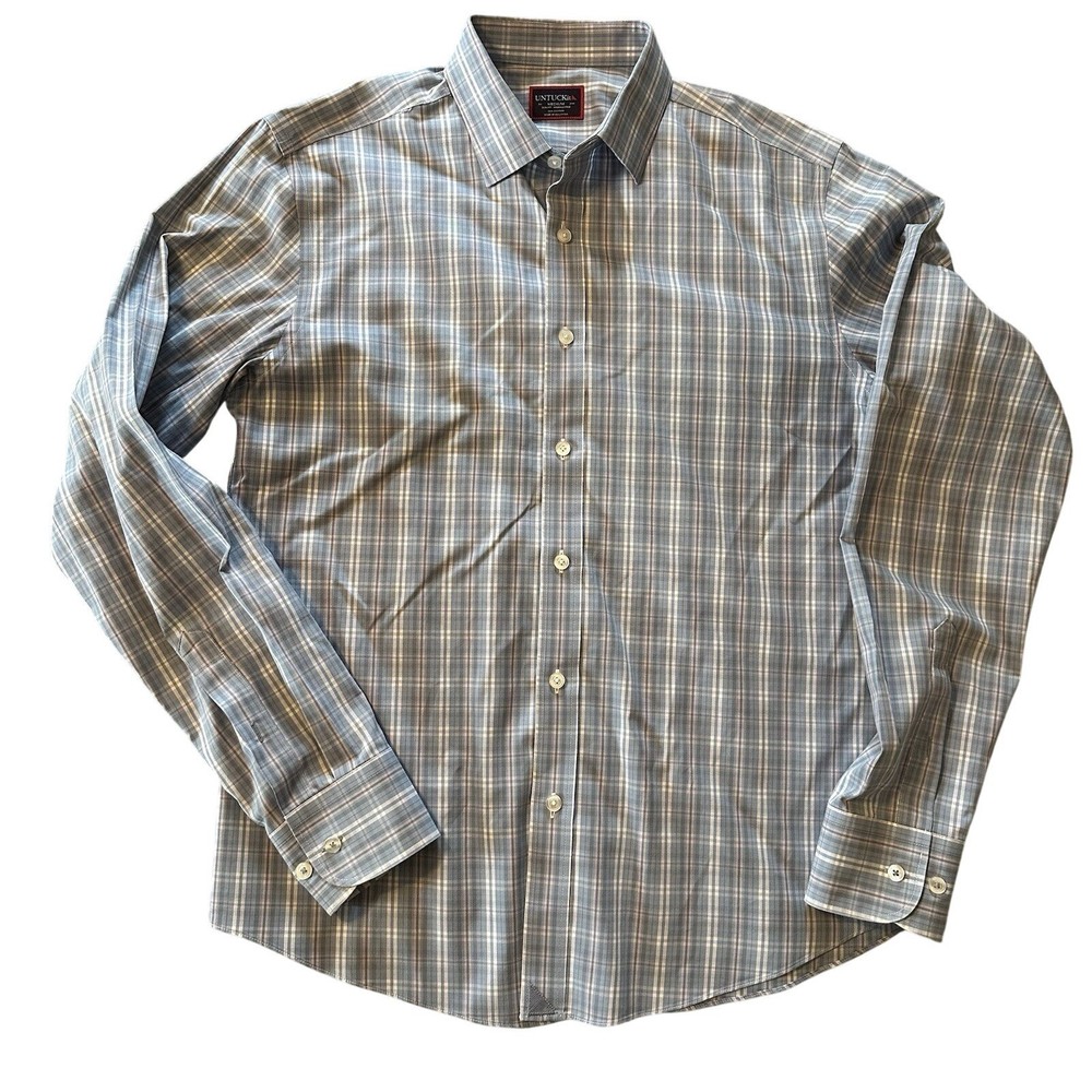 Untuckit Shirt Men M Blue Plaid Slim Fit Long Sleeve Button Up No Wrinkle