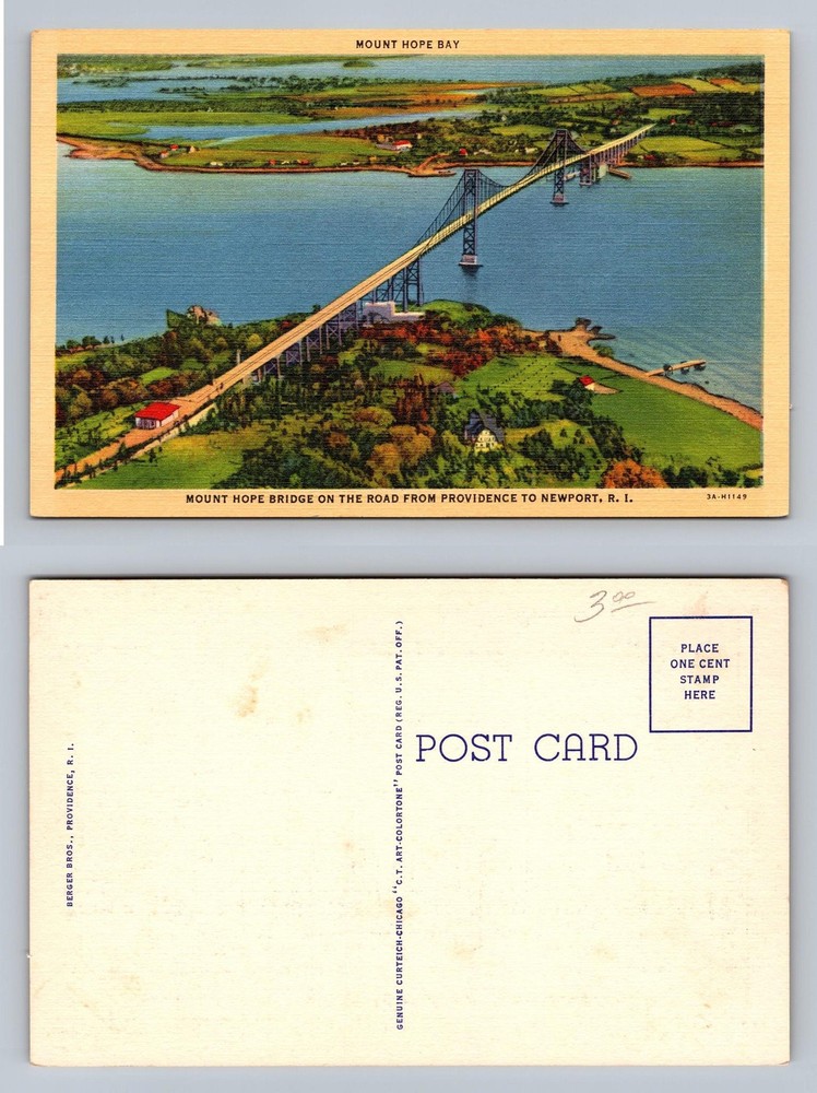 Newport, RI-Rhode Island, Mt Hope Bridge Providence Road Card Vintage Postcard