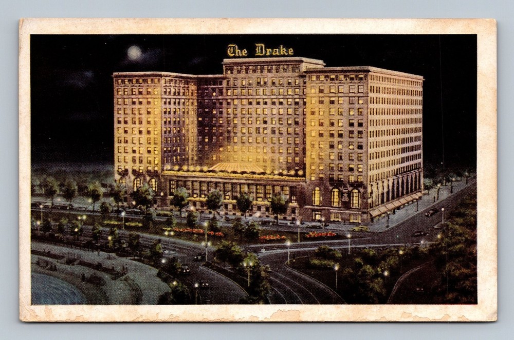Vintage Night View Postcard of The Drake Hotel Chicago Gold Coast