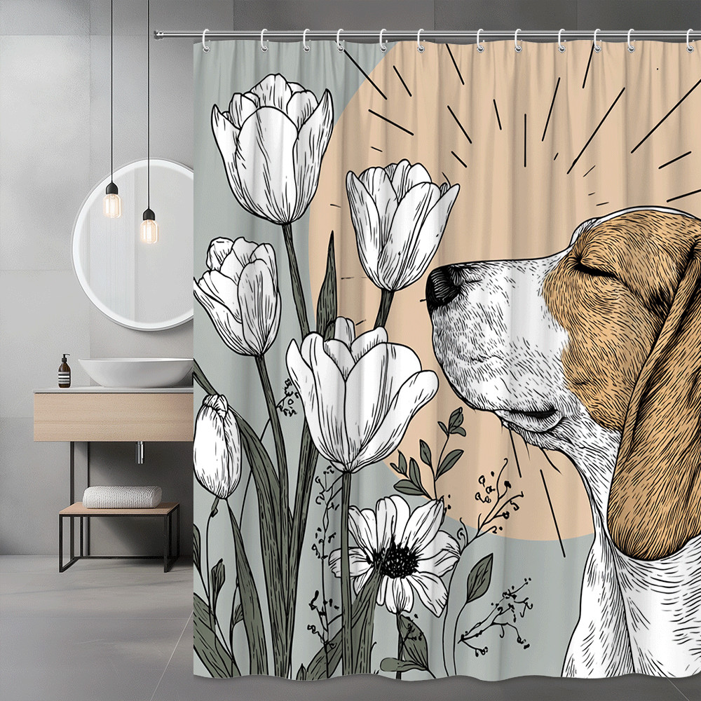 Beagle and Tulip Shower Curtain Floral Graphic Print
