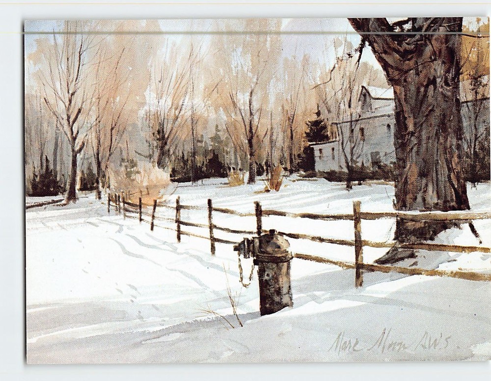 Postcard Holiday Greetings with Fireplug Fence Trees Snow Scenery/Art Print