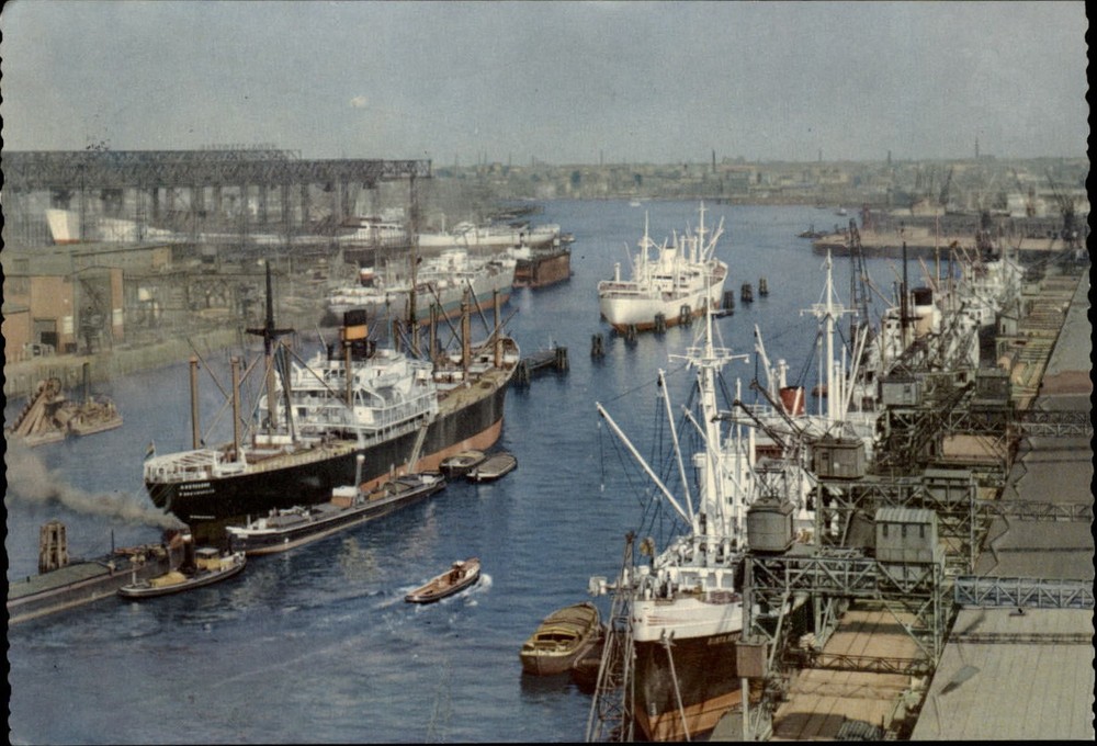 Germany Hamburg Rosshafen ships harbor aerial view ~ 1958 postcard