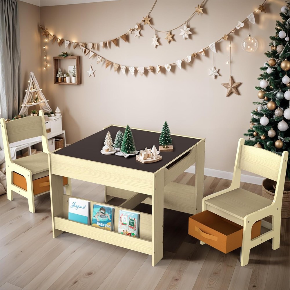 Joyooss 4-in-1 Kids Wooden Table & Chair Set - Natural & Sturdy