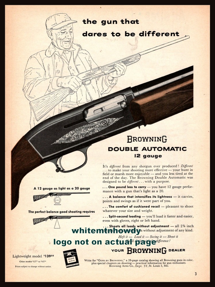 1958 BROWNING 12 gauge Double Automatic Shotgun AD CollectibleGun Advertising*