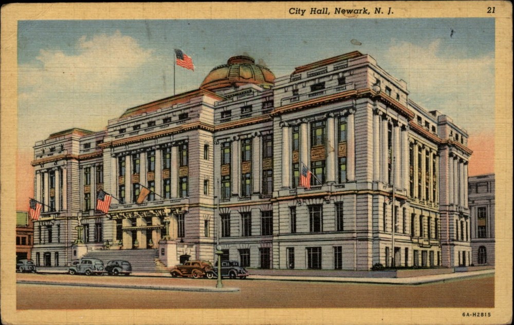 Newark New Jersey City Hall flags vintage cars ~ 1930s linen postcard