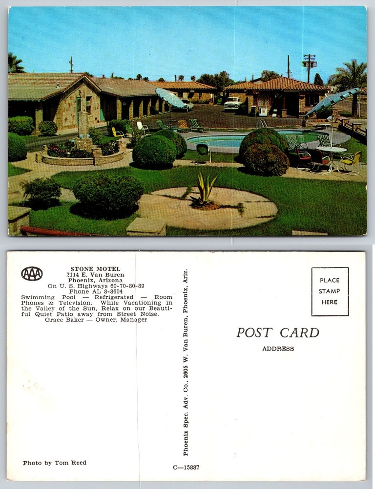 Vintage Stone Motel Postcard Phoenix Arizona Van Buren St Pool AAA Mid-Century