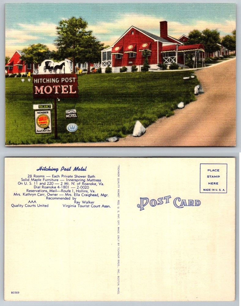Hitching Post Motel Roanoke VA Linen Postcard US 11 220 Vintage 1940s-50s
