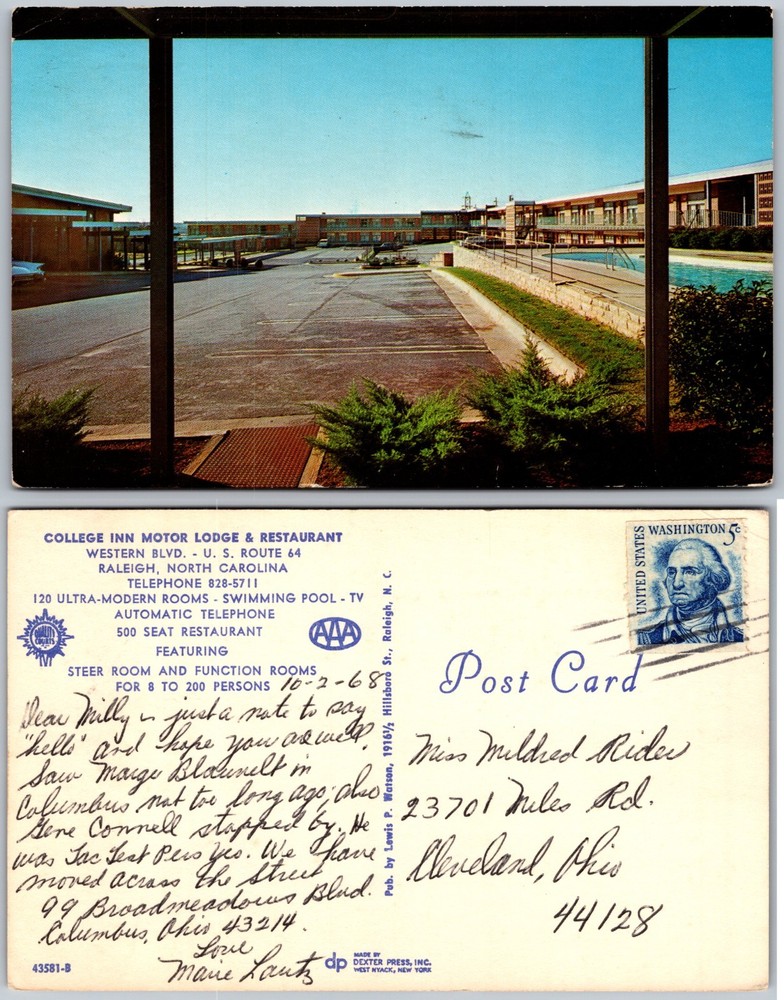 College Inn Motor Lodge Restaurant Pool Raleigh North Carolina Postcard