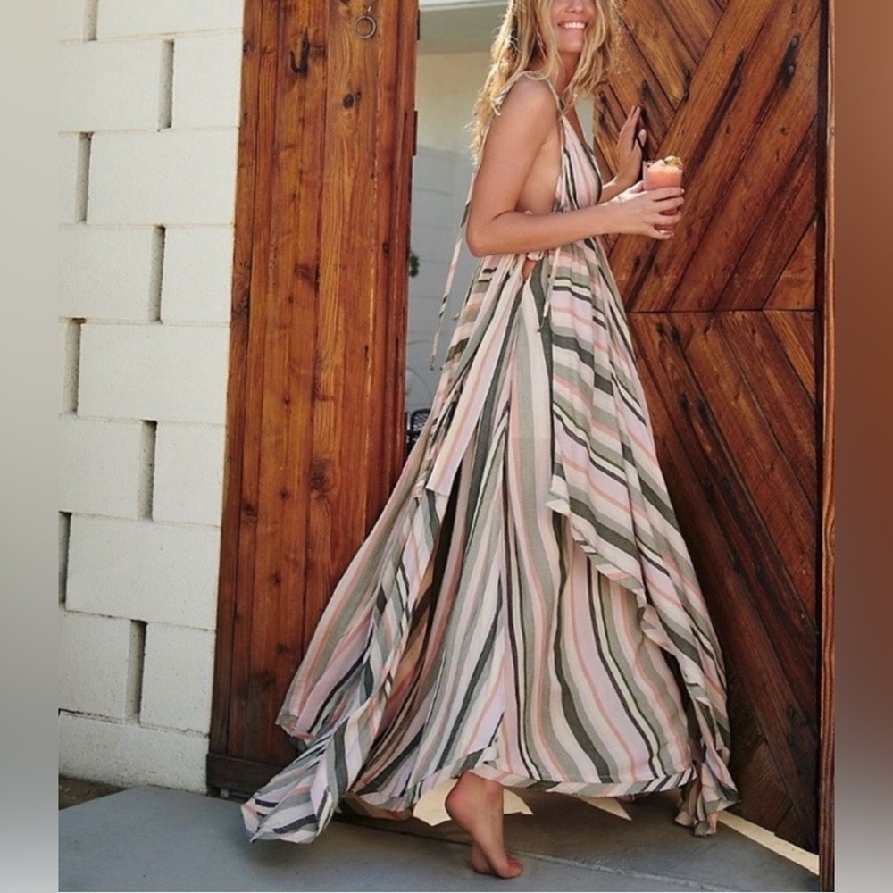Free People Striped Tropical Heat Maxi Dress Boho Minimalist Flowy Size XS
