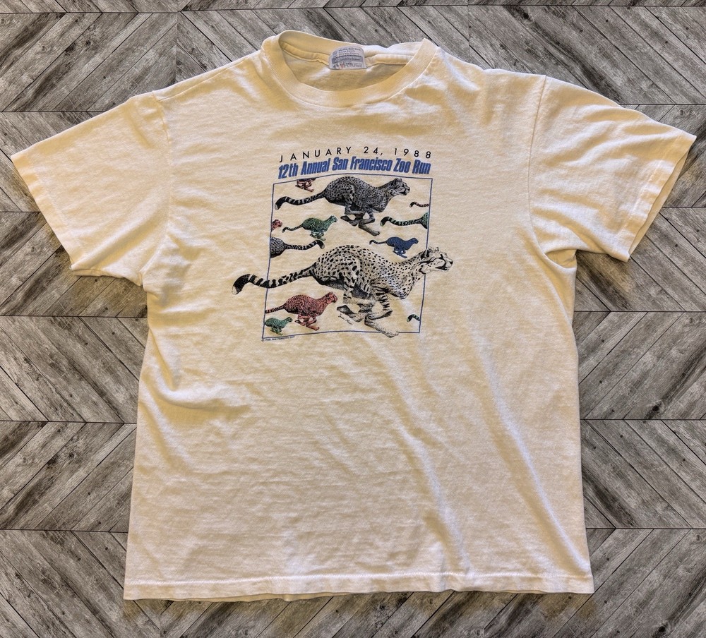 VTG San Francisco Zoo T-Shirt Mens Medium Ivory Marathon Fun Run Cheetah Single