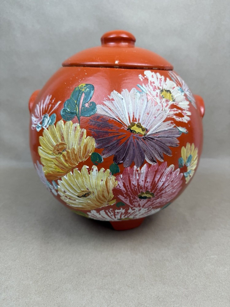 Ransburg Pottery Cookie Jar Orange Hand Painted Flowers Plz Read
