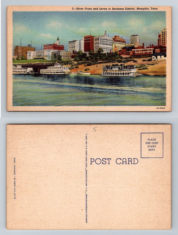 Memphis, TN-Tennessee River Front Levee Business District Boats Vintage Postcard