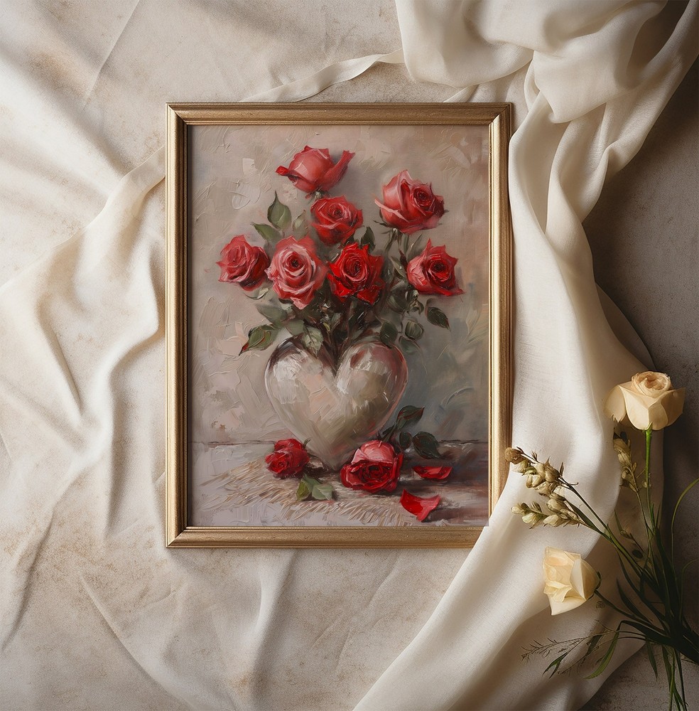 Red Roses Art Print Valentines Day Wall Art Vintage Romantic Decor Heart Shaped