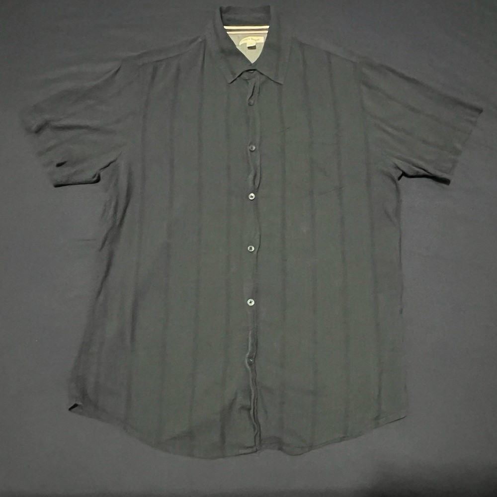 Sun + Stone Men's Black Striped Button-Up Short Sleeve Shirt Point Collar L