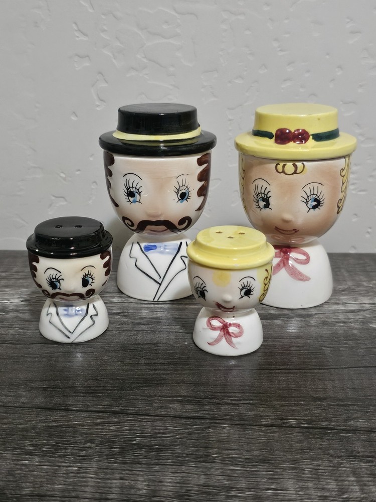 Vtg Lot 1960s Cute Menschik Goldman Victorian Egg Cup & Salt And Pepper Shakers