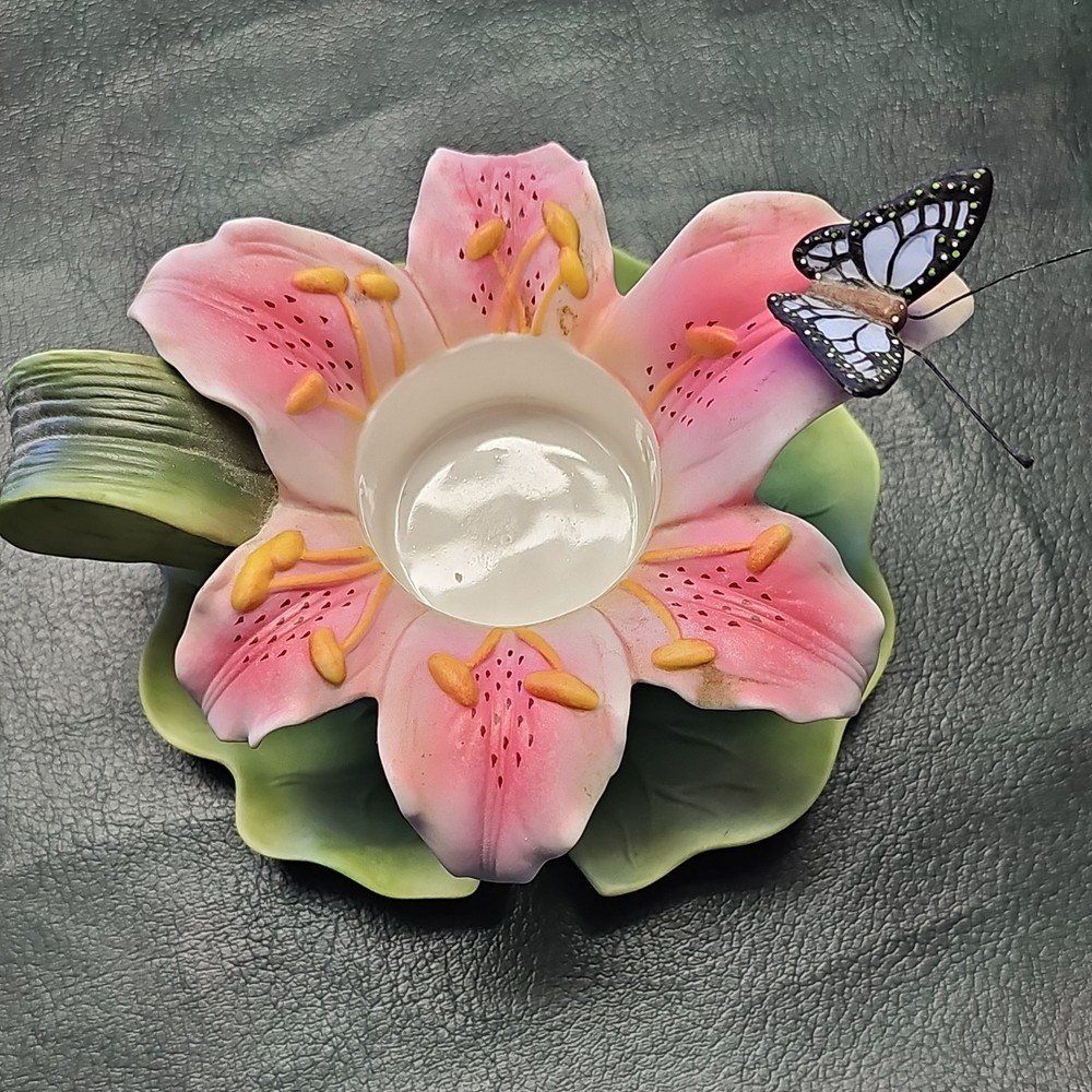 PartyLite Ceramic Flower Butterfly Candle Holder Pink Green White Floral Decor