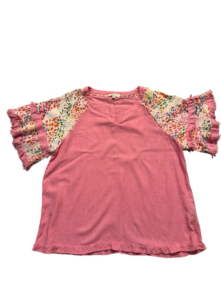 Umgee Blouse Womens 1XL Short Sleeve Pink Frayed Ruffled Cheetah Top Boho