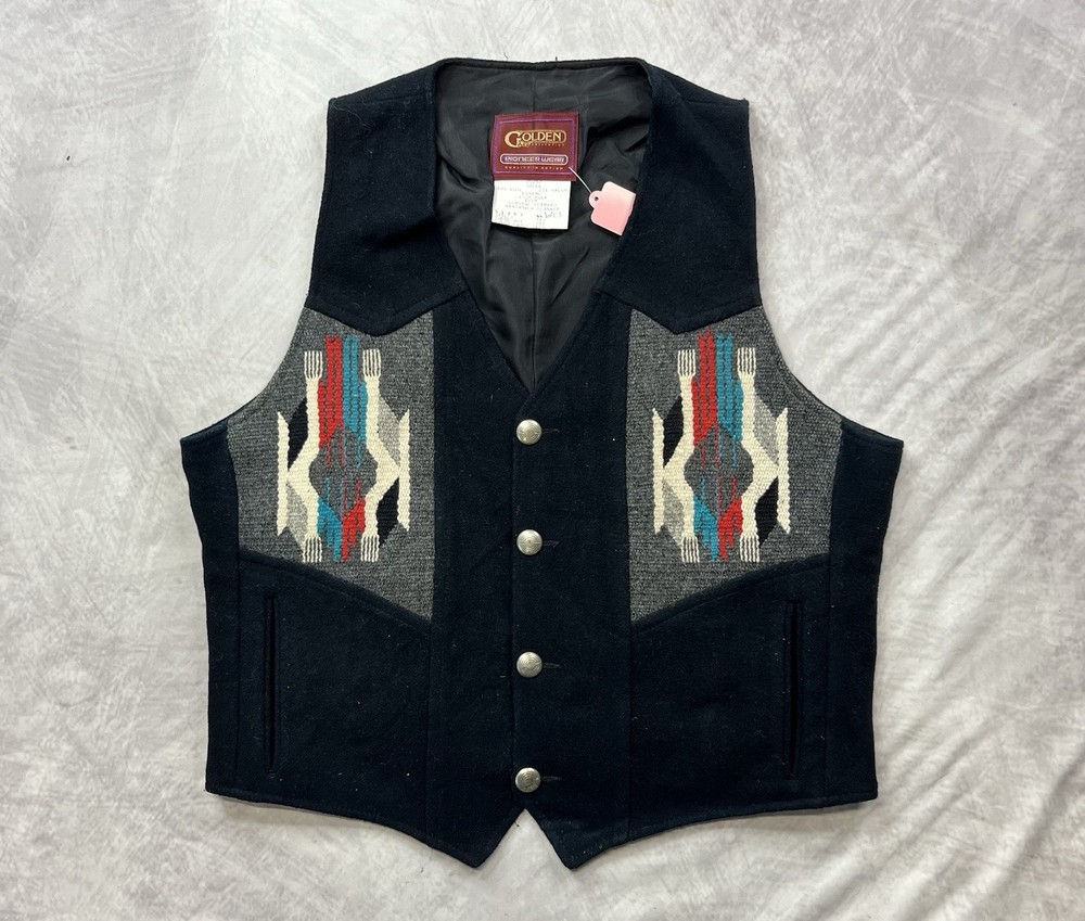 Vintage Golden Collection Pioneer Wear Aztec Chimayo Wool Black Vest Size 44