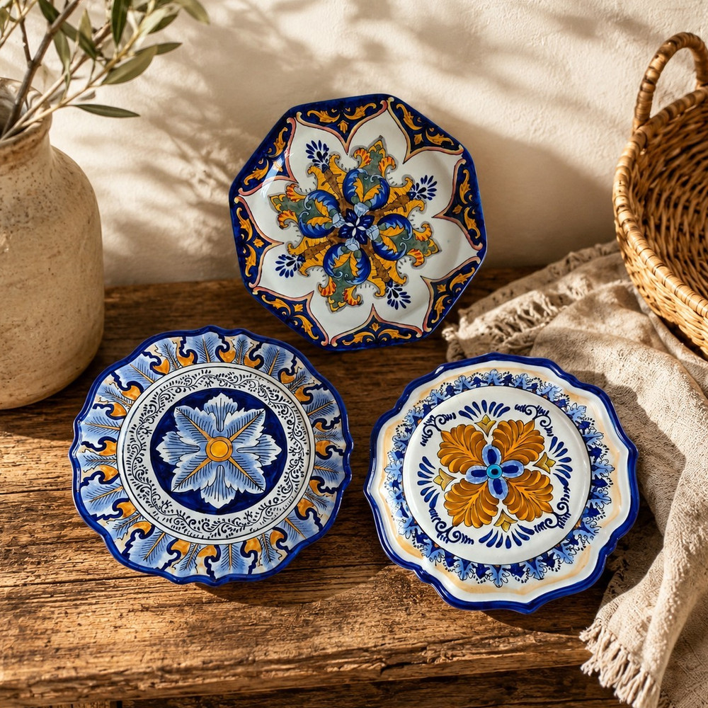 Vintage Godinger Decorative Ceramic Bowls Plates Blue Yellow Talavera Style Set