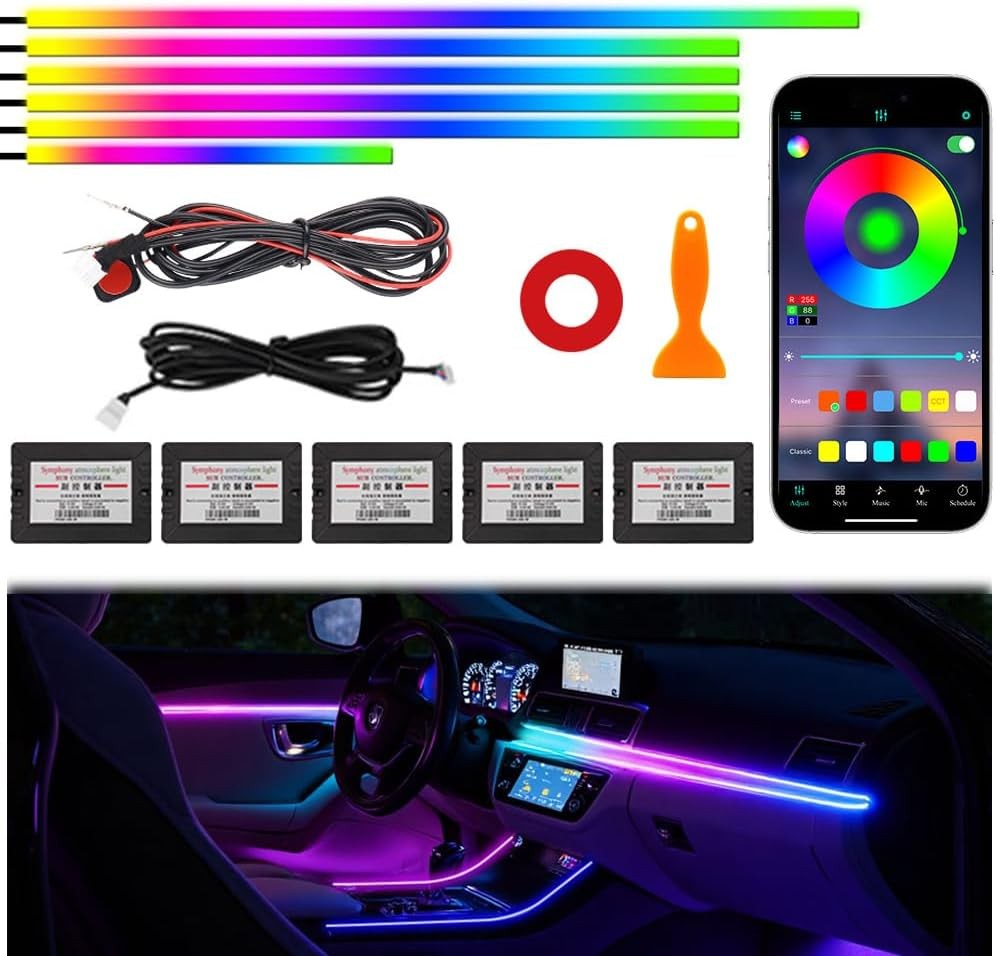 Acrylic Interior Car Ambient Lighting Kits, LED Strip Lights with Wireless...