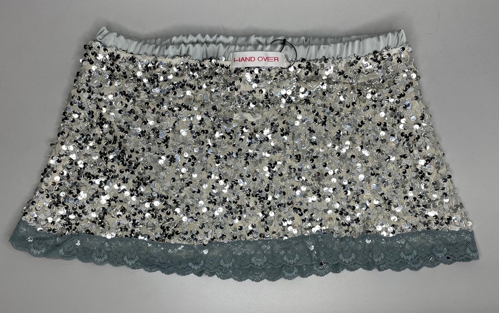 Hand Over Womens Mini Skirt Silver Size S Justin Sequined Lace Trim Unlined