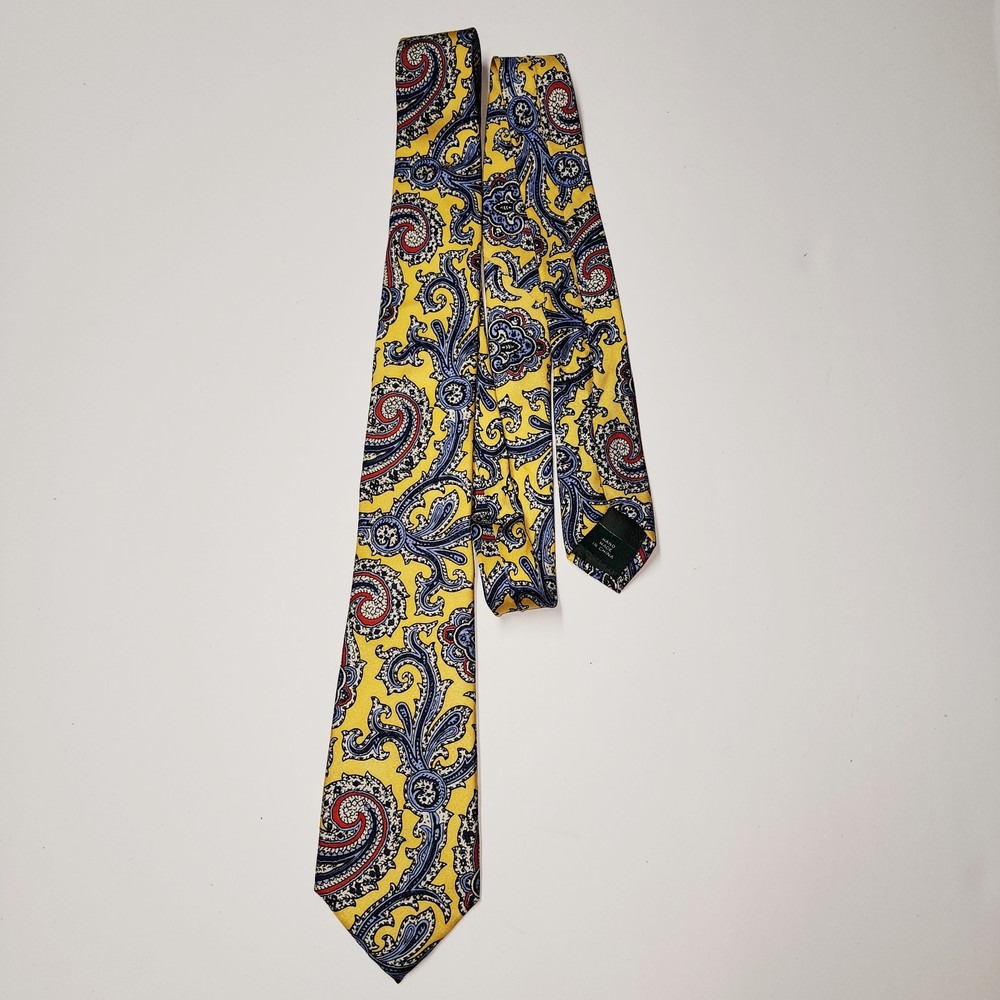Lauren Ralph Lauren LRL 100% Silk  Slim Tie Paisley Yellow Handmade Necktie NWOT