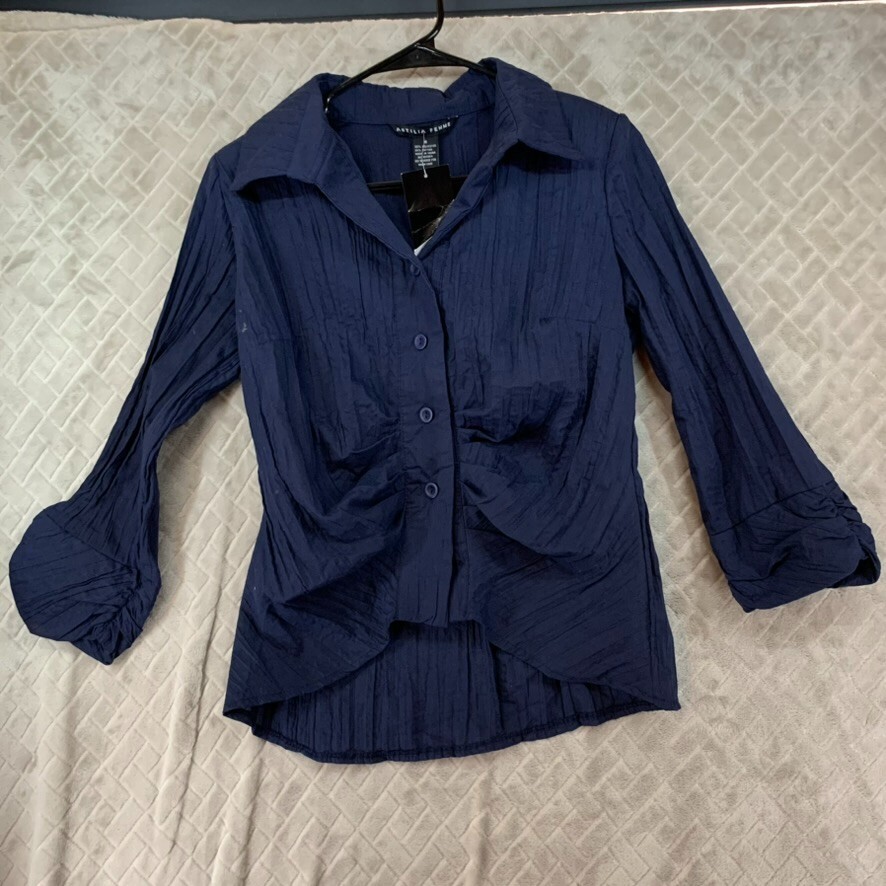 Antilia Femme Blouse Womens M Navy Blue Casual Button Up 3/4 Sleeve Collared