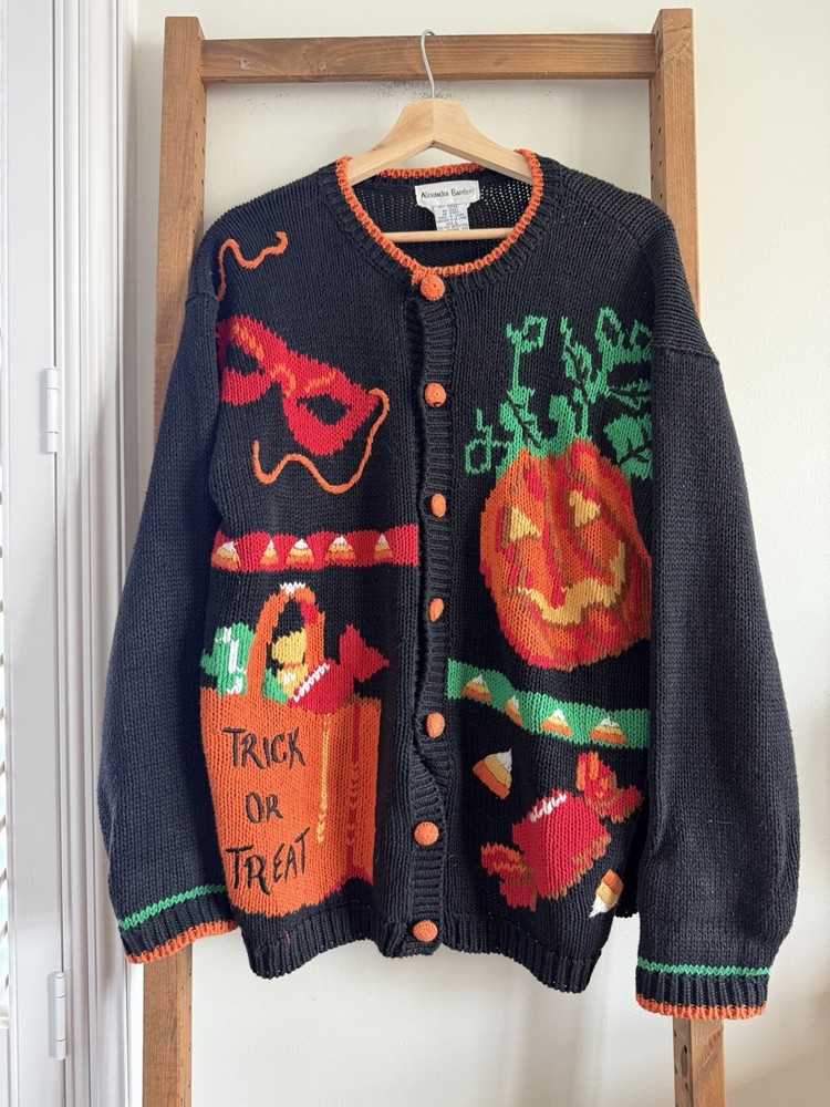 VTG Alexandra Bartlett Halloween Trick or Treat Pumpkin Cardigan Sweater Large