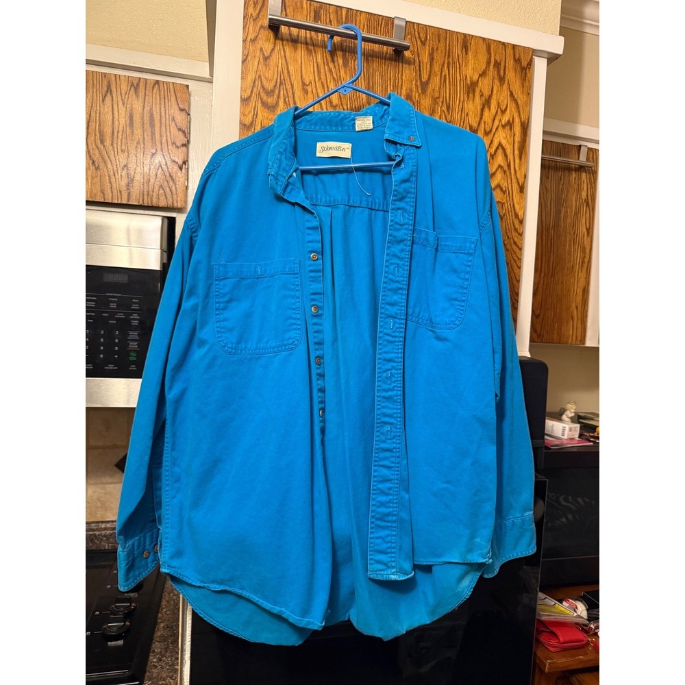 St Johns Bay Womens Turquoise Blue Cotton Twill Button Down Shirt Long Sleeve L
