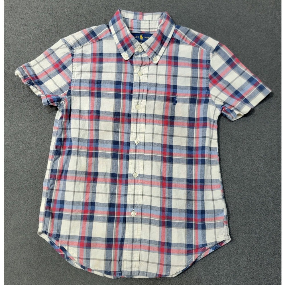 EUC Ralph Lauren Boys Plaid Short Sleeve Button Down Shirt Size 6 Blue Red White