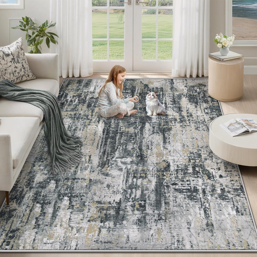 5X7 Area Rugs for Living Room, Washable Modern Abstract Large Area Rug Neutral S