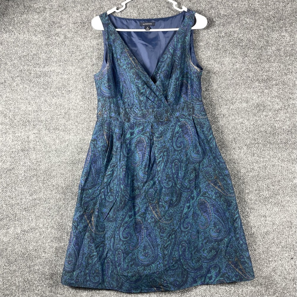 Lands End Dress Womens 8 Blue Paisley Fit Flare Silk Blend Sleeveless Beautiful