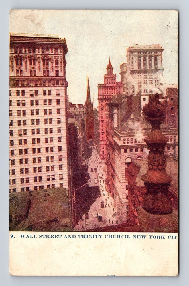 New York City NY, Wall Street & Trinity Church, Antique Vintage Postcard