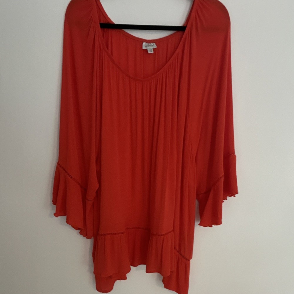 Avenue Orange Ruffle 3/4 Sleeve Tunic Blouse 30/32 Women's 100% Viscose Poly