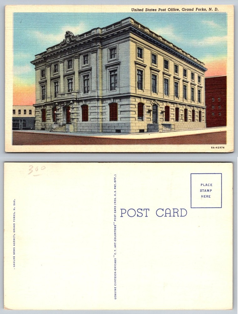 Grand Forks ND US Post Office Court House Linen Postcard Vintage Curteich