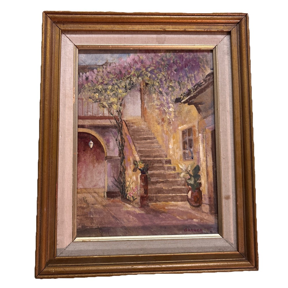Vintage Mexican Oil Painting of Architecture signed by “Garner” On Board Framed