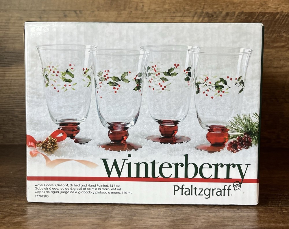 Pfaltzgraff Winterberry Water Goblets Set of 4 Hand Painted Etched New In Box