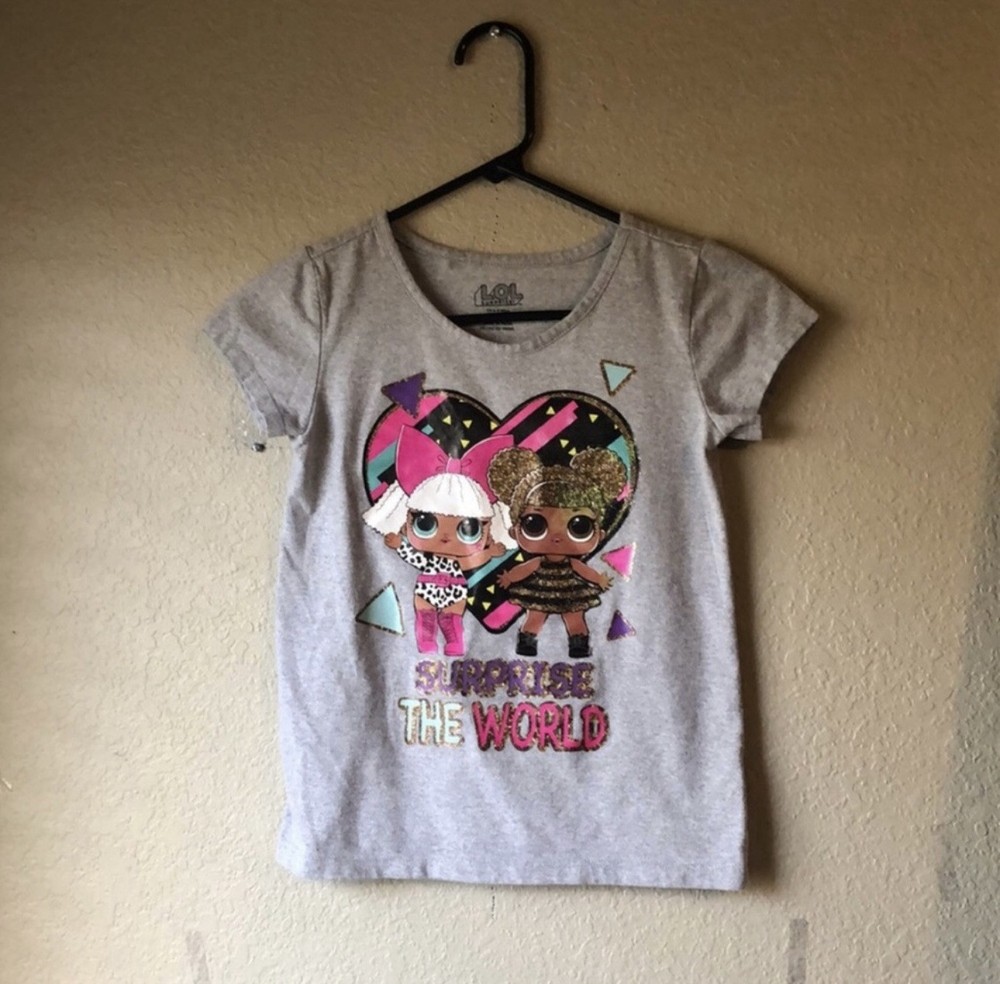LOL Surprise Shirt Girls Gray Graphic Tee Shirt Short Sleeve Casual Top Sz 12