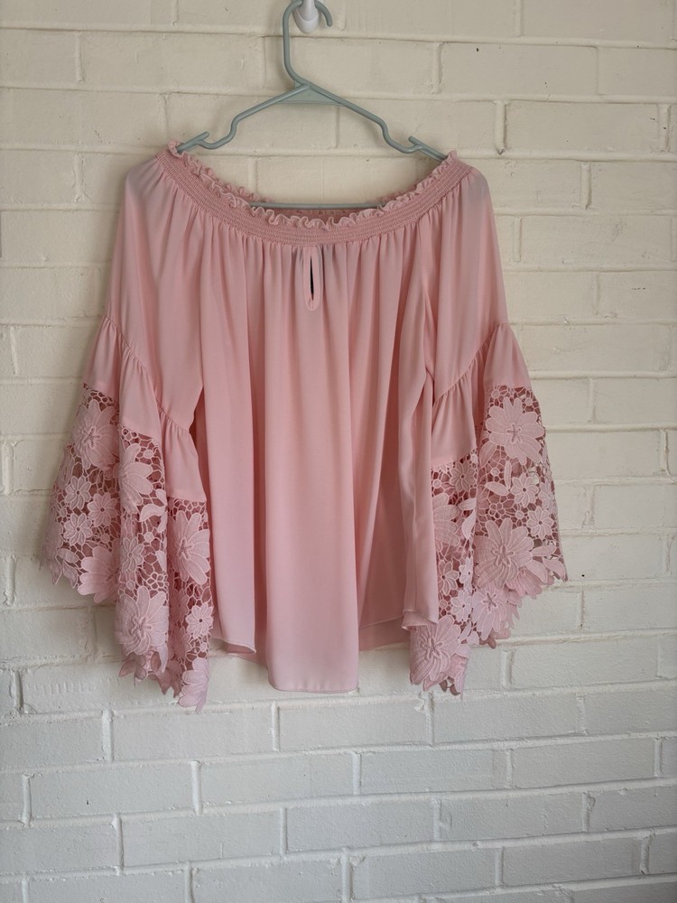 Joseph Ribkoff Women’s Pink Off Shoulder Lace Sleeve Blouse Top Size 10
