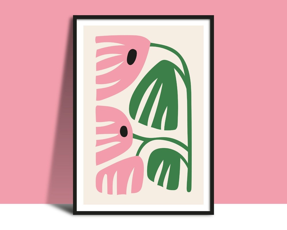 Pink Flowers Green Leaves Wall Art Instant Printable Bright Modern Illustration