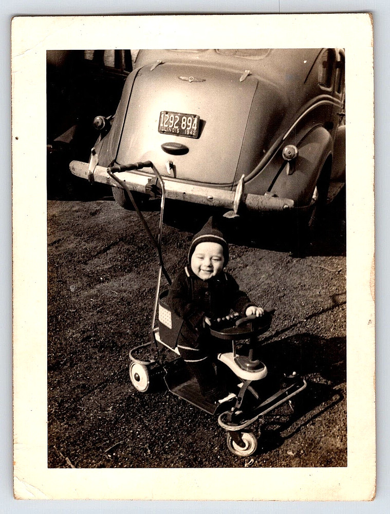 Vintage Old Photo Picture Image Outdoor Antique Car Little Baby Boy Kid Stroller