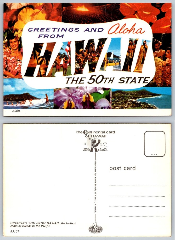 Vintage Hawaii 50th State Postcard - Mike Roberts Aloha Travel Souvenir